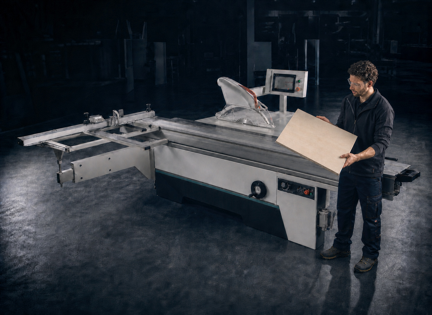 Professional inspecting a finished panel beside a precision sliding table saw