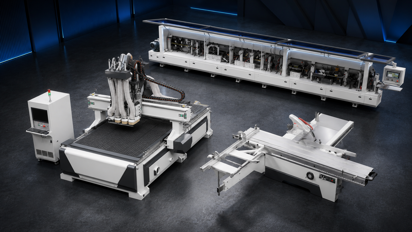 LRESON edge banding machine, four-spindle CNC nesting machine and precision sliding table saw